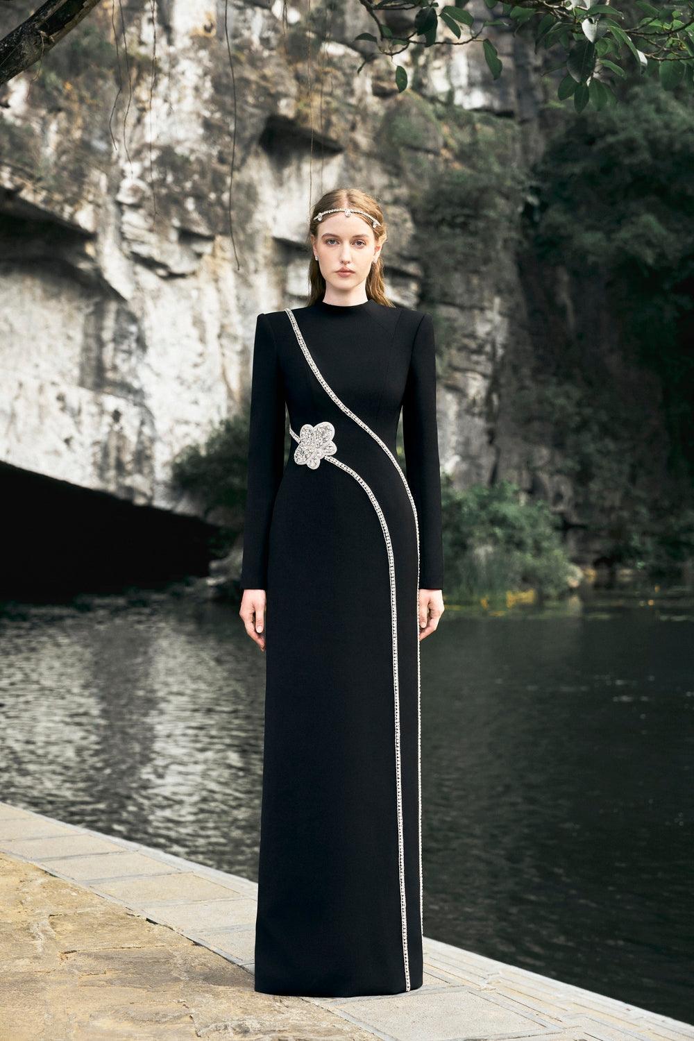 Stone Embellished Padded Shoulder Dress - TRACY COUTURE